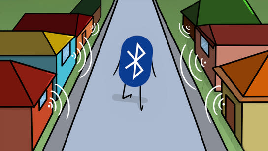 A cartoon version of the Bluetooth symbol strolling down a street. All the houses are beaming signals at it.