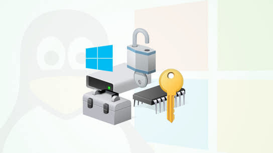 A collage of Windows icons for security, TPM, and BitLocker device encryption. The Linux Tux (penguin) and Windows logos loom in the background.