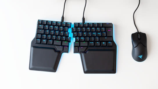 A keyboard physically split down the middle forming two separate boards; one for each hand.