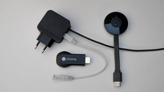 A variety of Chromecast HDMI dongle devices and an Ethernet adapter.