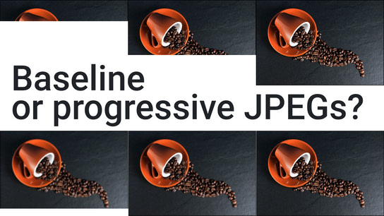 Two film strips demonstrating the difference between progressive and baseline JPEG photo loading. The baseline rendering shows the image loading from top to bottom. The progressive loading shows the entire image at once and adds more details to the image as is loads.