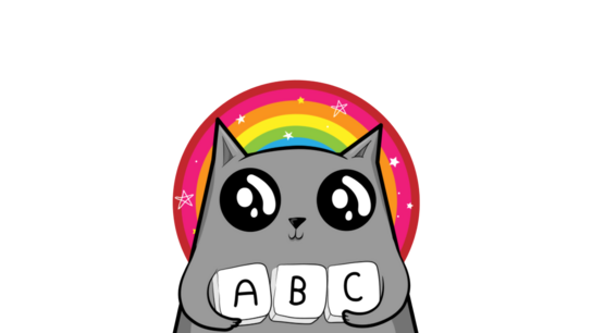 A cartoon cat with huge eyes holding ABC letter blocks.