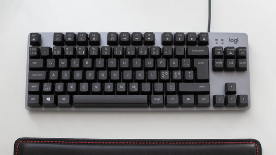 A solid-looking tenkeyless keyboard (a keyboard with a normal key layout but without the numpad section).