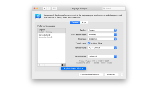 The Language and Region settings pane window from the macOS System Preferences app.