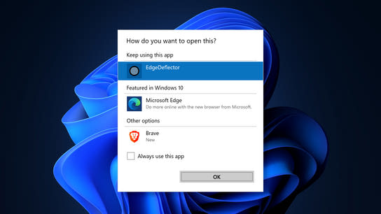 A dialog window prompts you to choose how to open a link. The dialog lists apps like EdgeDeflector and Brave, but it recommends Microsoft Edge.