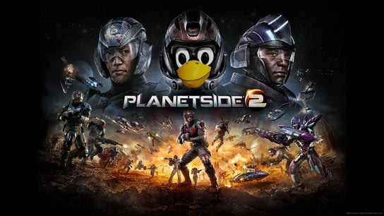 Tux (the Linux penguin logo) in the PlanetSide 2 game title screen.