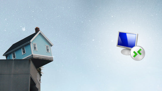 A private residence partially hanging off a cliff with the Remote Desktop Client app icon floating in the sky beside it.