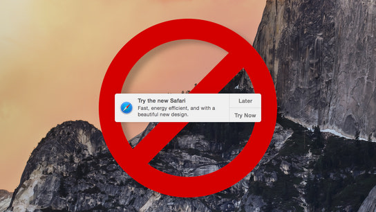 A dialog box promting you to “try the new Safari” shown within a no-parking/forbidden sign.