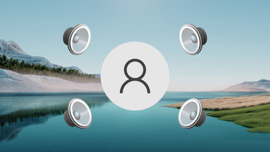 The outline of a person is enclosed on four sides by the Windows speaker icon pointed at them. The background is a calm and serene nature scene.