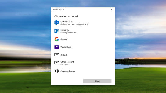 A dialog box prompting you to “choose an account”. The dialog lists options including Outlook.com, Microsoft Exchange, Google, Yahoo! Mail, Apple iCloud, and POP/IMAP.