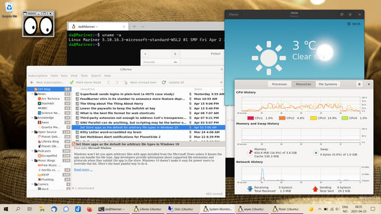 A Windows computer shown running Linux desktop apps like Liferea, Weather, and GNOME System Monitor.
