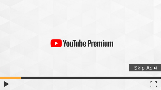 A mock YouTube video player playing an ad for YouTube Premium. The player features a Skip Ads button.