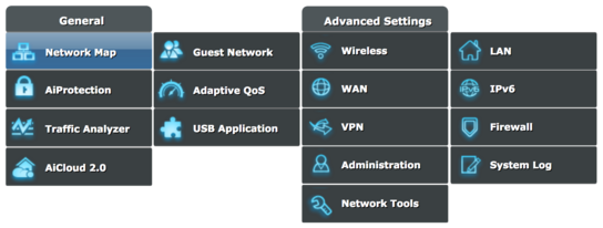 Full set of menu options in ASUSWRT