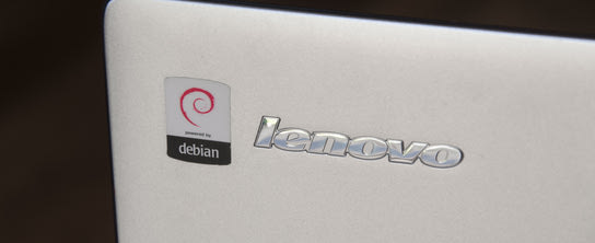 “Powered by Debian” sticker on Lenovo laptop