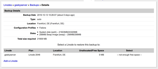 Backup Details show in Linode Manager