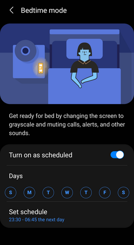 Settings screen for Samsung Digital Wellbeing’s Bedtime mode