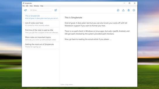 Screenshot of Simplenote with some simple notes