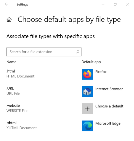 Choose default apps by file type dialog shows “Internet Browser” as the default app for the .URL file type.