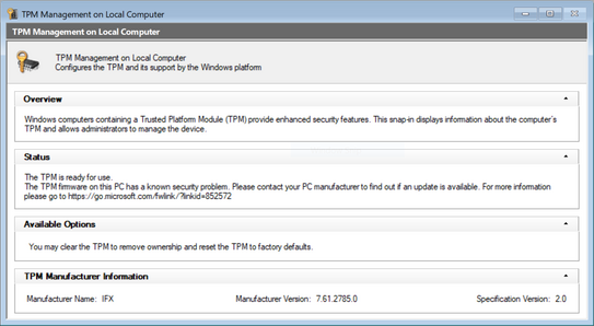 Windows TPM Management identifying Infineon vulnerability