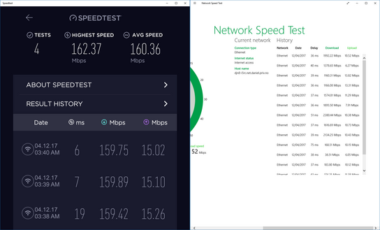 Testing history views of Ookla Speedtest and Microsoft Network Speed Test