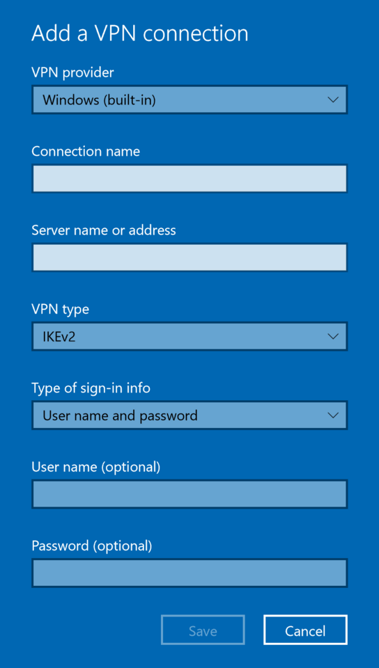 “Add a VPN connection” dialog in Windows 10
