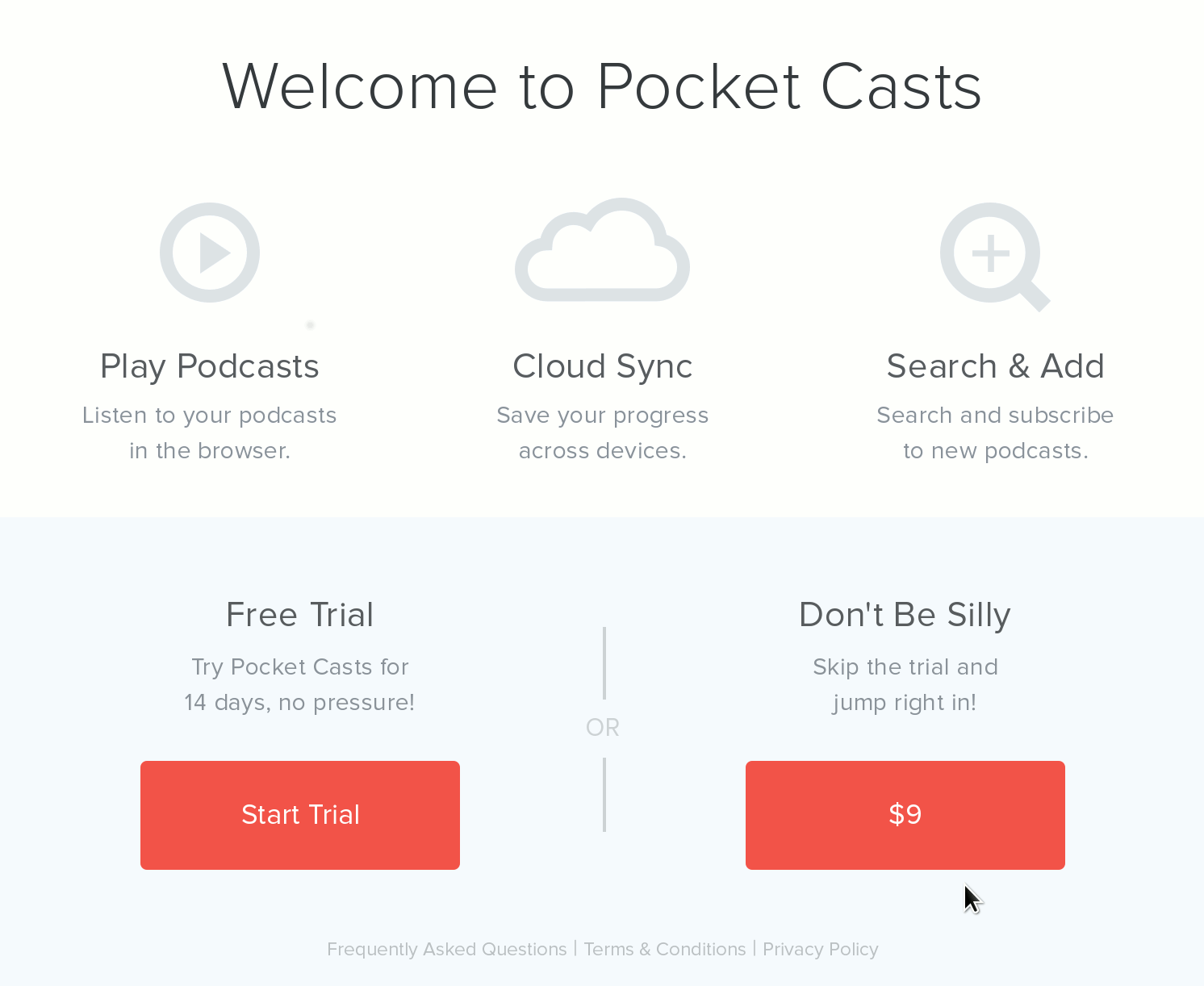 Welcome to Pocket Casts: Multiple choices dialog between free trial and immediately pay the one-time service fee